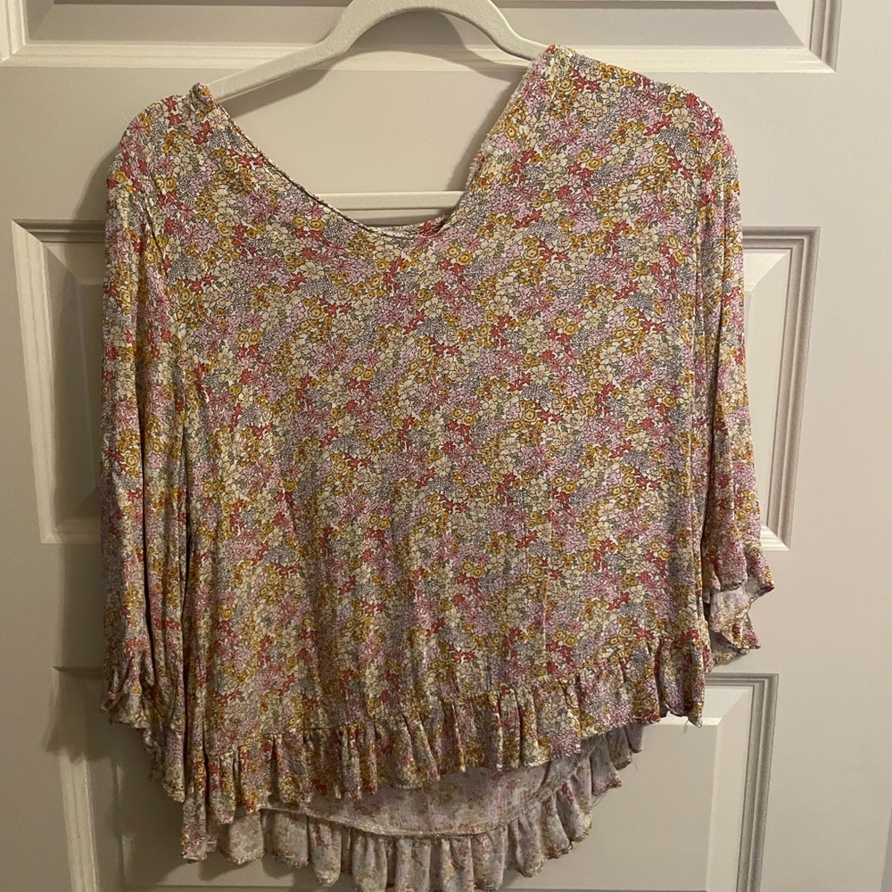Chic Pink and Yellow Blouse with Ruffle Details